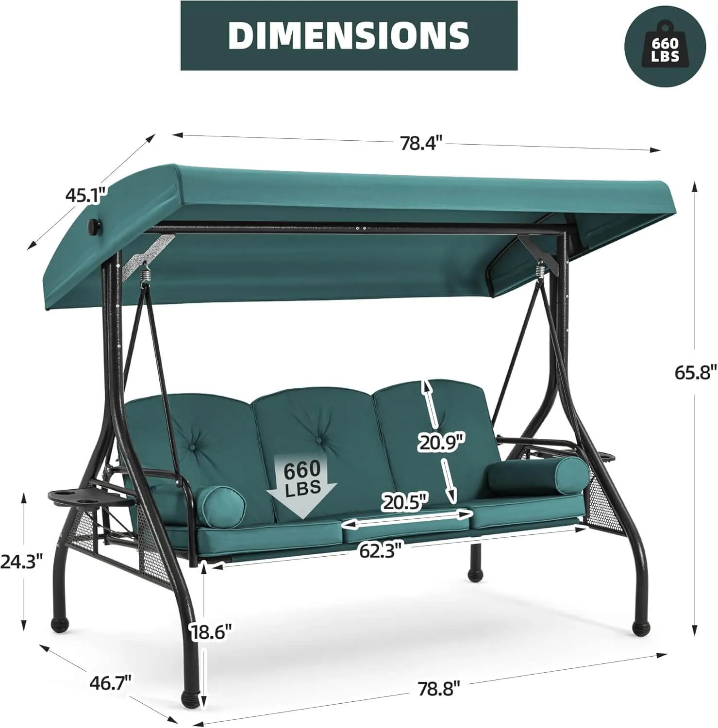 3-Seat Outdoor Porch Swing with Adjustable Canopy and Backrest, Green