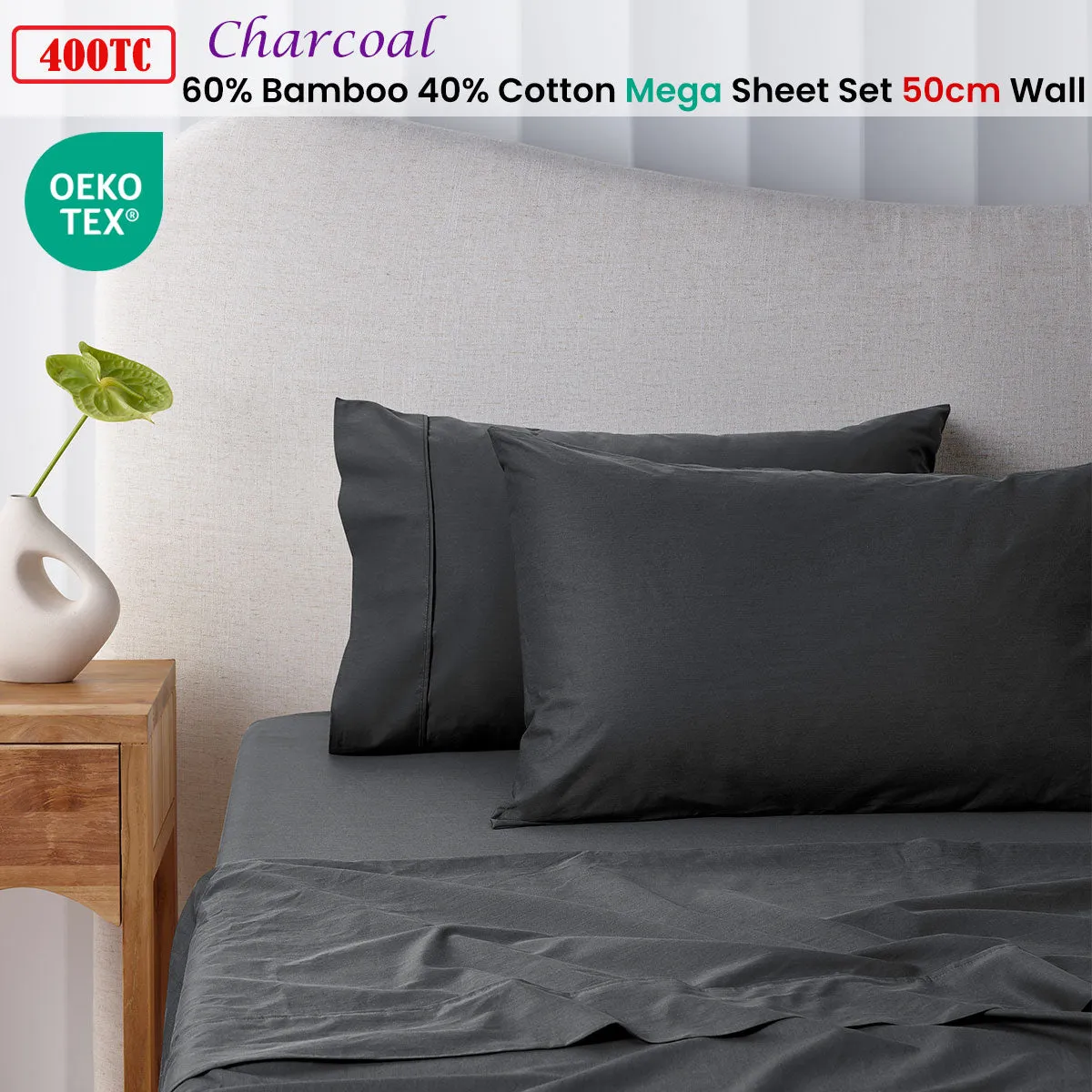 400TC Charcoal Bamboo Cotton Mega/Super Sheet Set | 50cm Wall | King