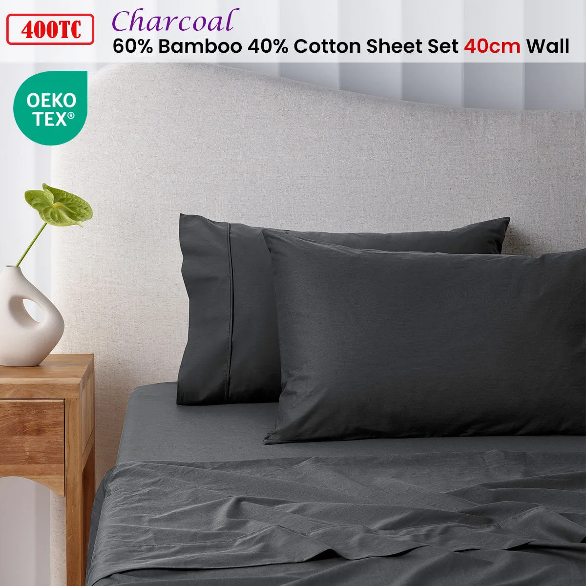 400TC Charcoal Bamboo Cotton Sheet Set | 40cm Wall | King