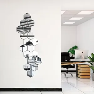 DecorWear 18 Hexagon Mirror Silver Plastic Wall Stickers for Wall Size (10.5x12.1) Cm Acrylic Mirror Wall Decor Sticker, Wall Mirror Stickers, Unframed Hexagonal Mirror Wall Sticker(18HexaSilver)