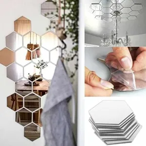 DecorWear 20 Hexagon Mirror Silver Plastic Wall Stickers for Wall Size (10.5x12.1) Cm Acrylic Mirror Wall Decor Sticker, Wall Mirror Stickers, 3D Hexagonal Mirror Wall Sticker (H-20HexaSilver)