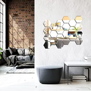 DecorWear 22 Hexagon Mirror Silver Plastic Wall Stickers for Wall Size (10.5x12.1) Cm Acrylic Mirror Wall Decor Sticker, Wall Mirror Stickers, Unframed Hexagonal Mirror Wall Sticker(22HexaSilver)