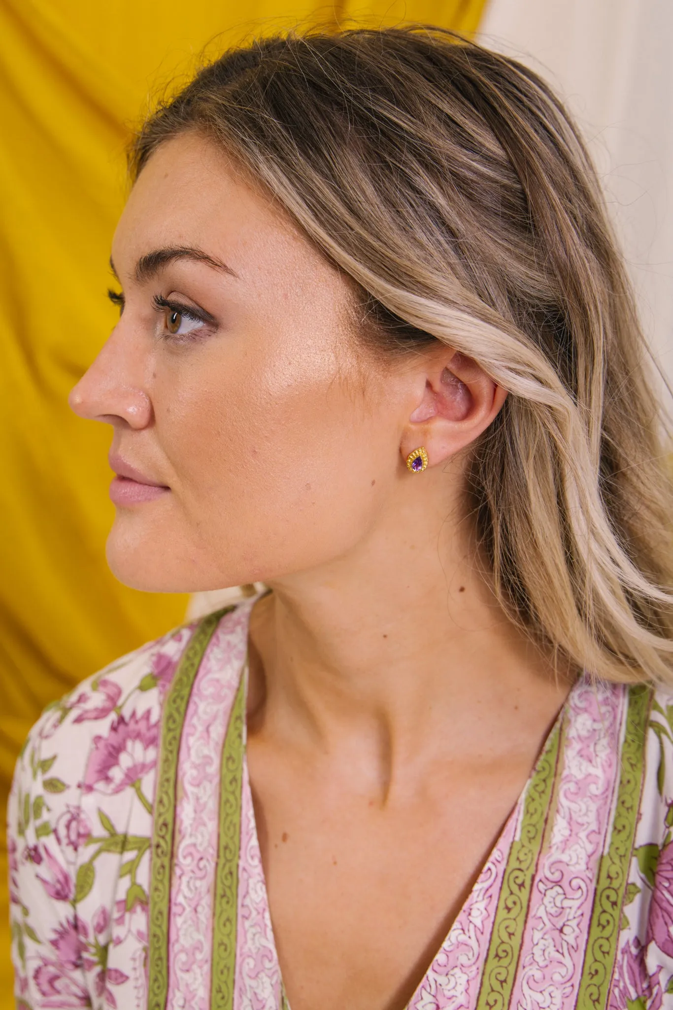 Gold Vermeil Oval Filigree Studs in Amethyst