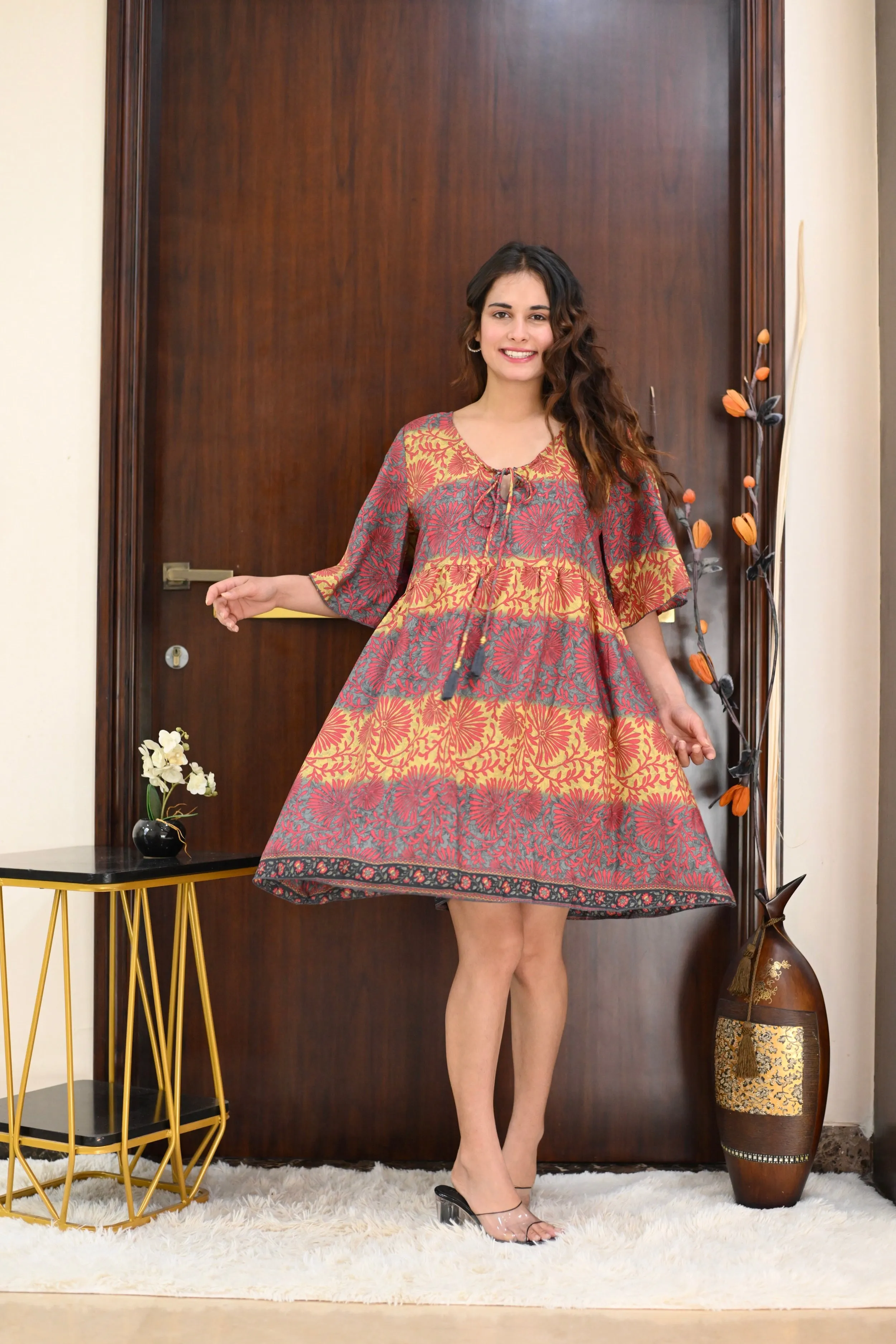 Two Shade Bell Sleeves Short Dress