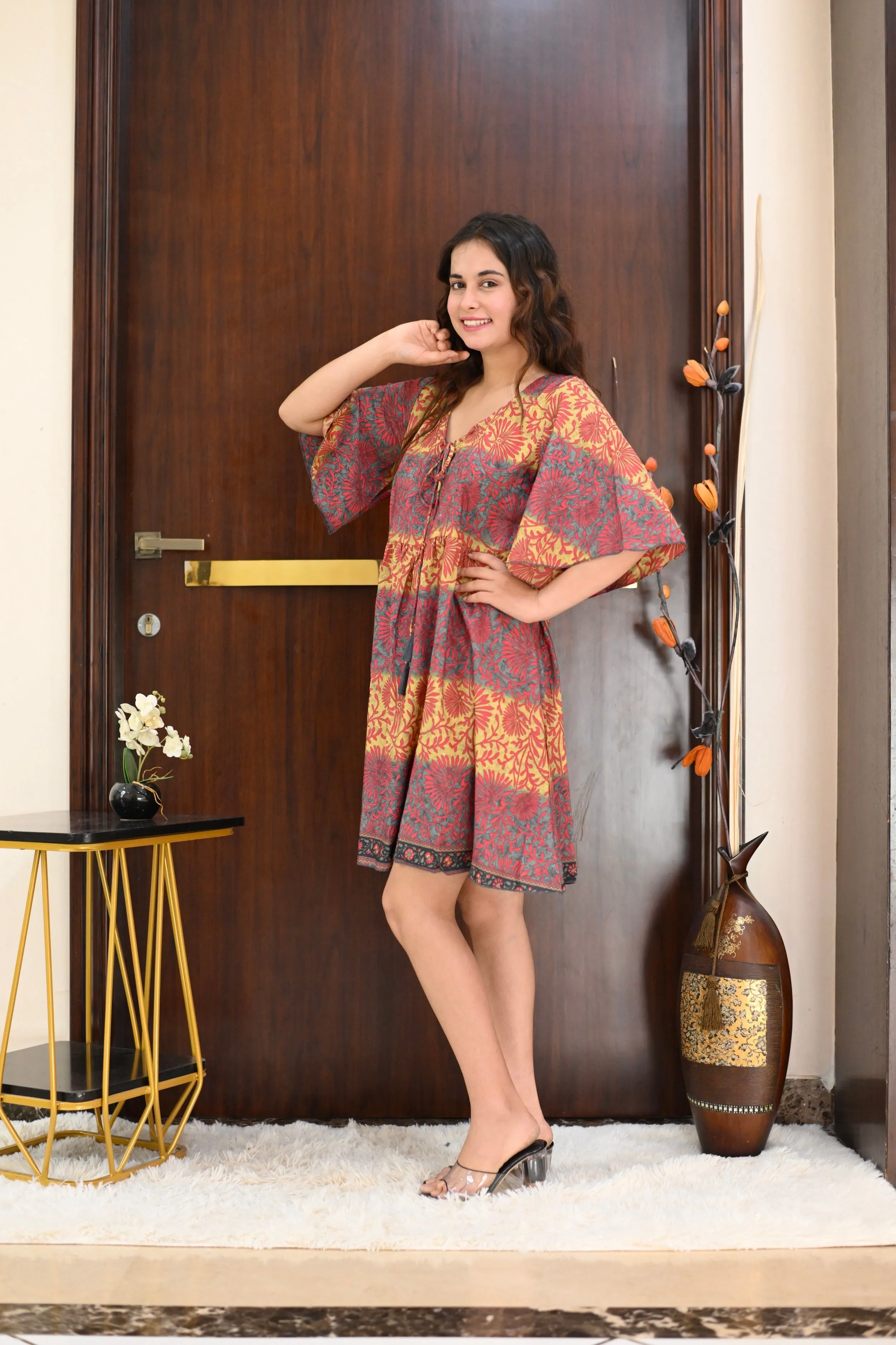 Two Shade Bell Sleeves Short Dress